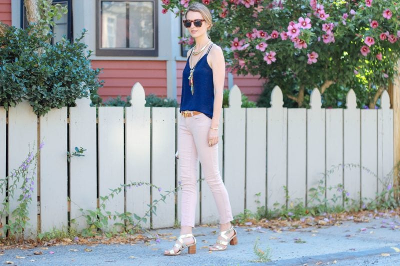 NAVY SILK CAMI AND BLUSH SKINNY JEANS
