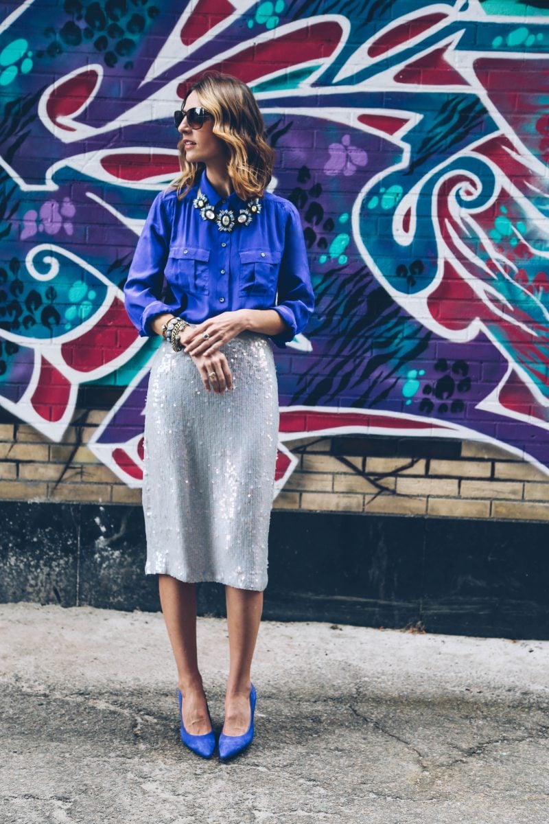 SILK BLOUSE AND SEQUIN SKIRT