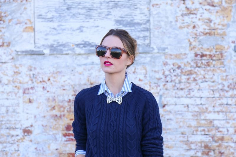 BOW TIE NECKLACE AND CABLE KNIT SWEATER