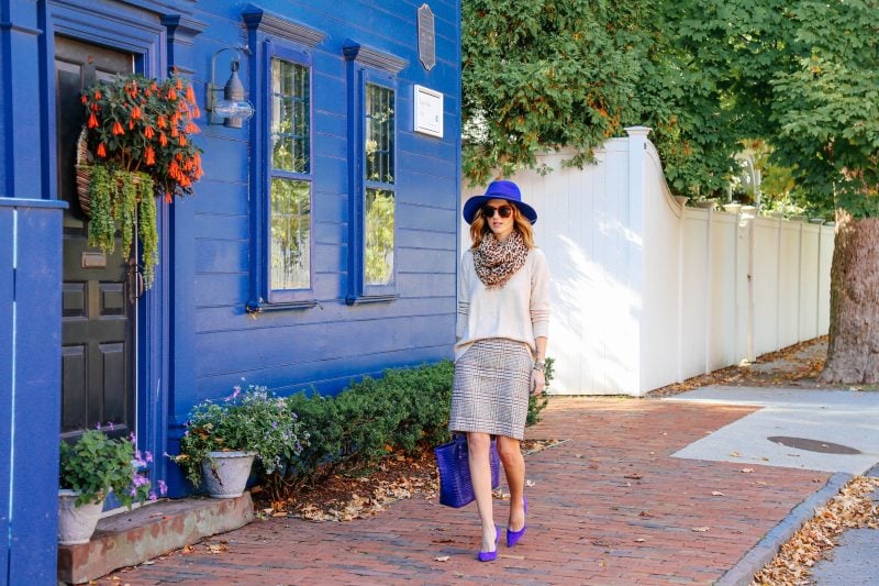 PLAID PENCIL SKIRT AND BLUE FEDORA HAT
