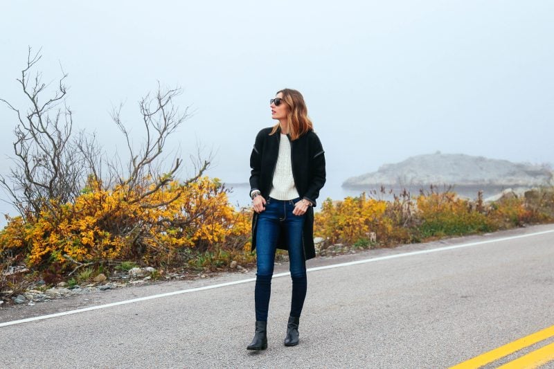 HIGH WAIST SKINNY JEANS AND BLACK WOOL COAT