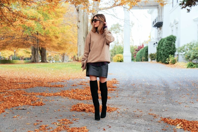 LEATHER SKIRT, CASHMERE SWEATER AND OVER THE KNEE BOOTS