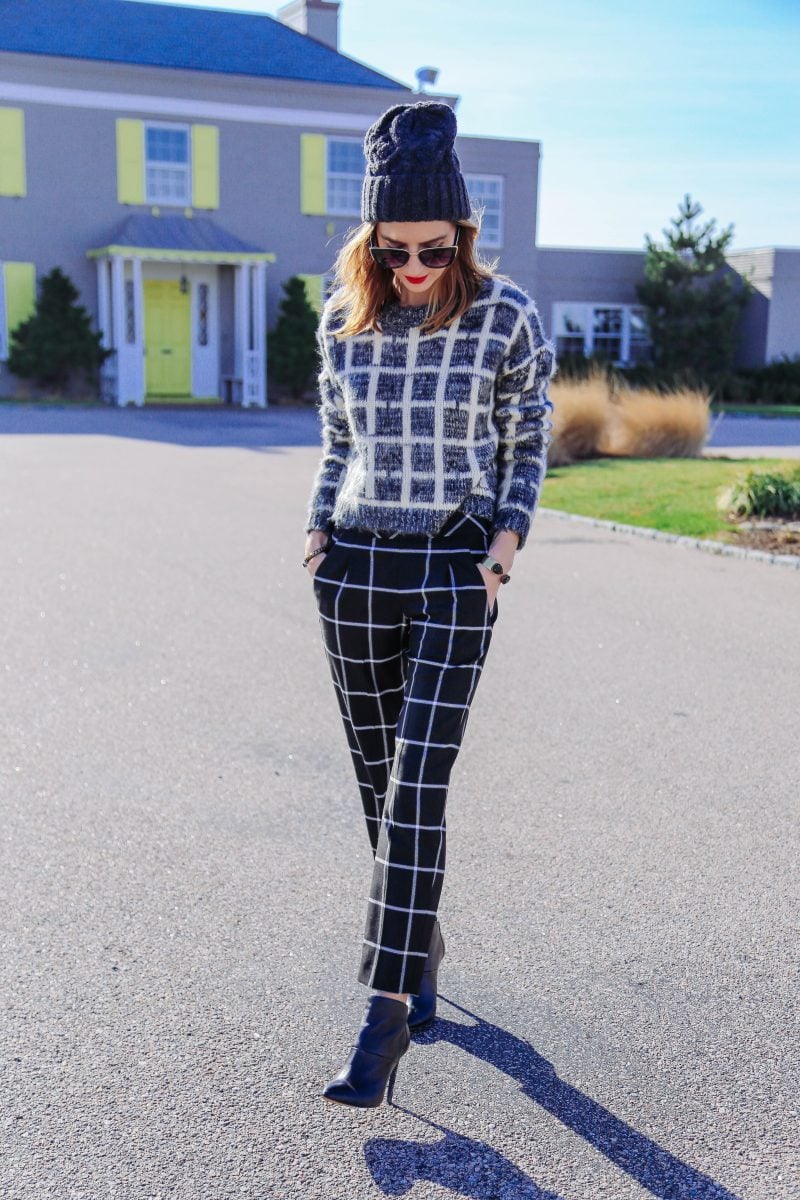 CHECKED TROUSERS AND PLAID SWEATER
