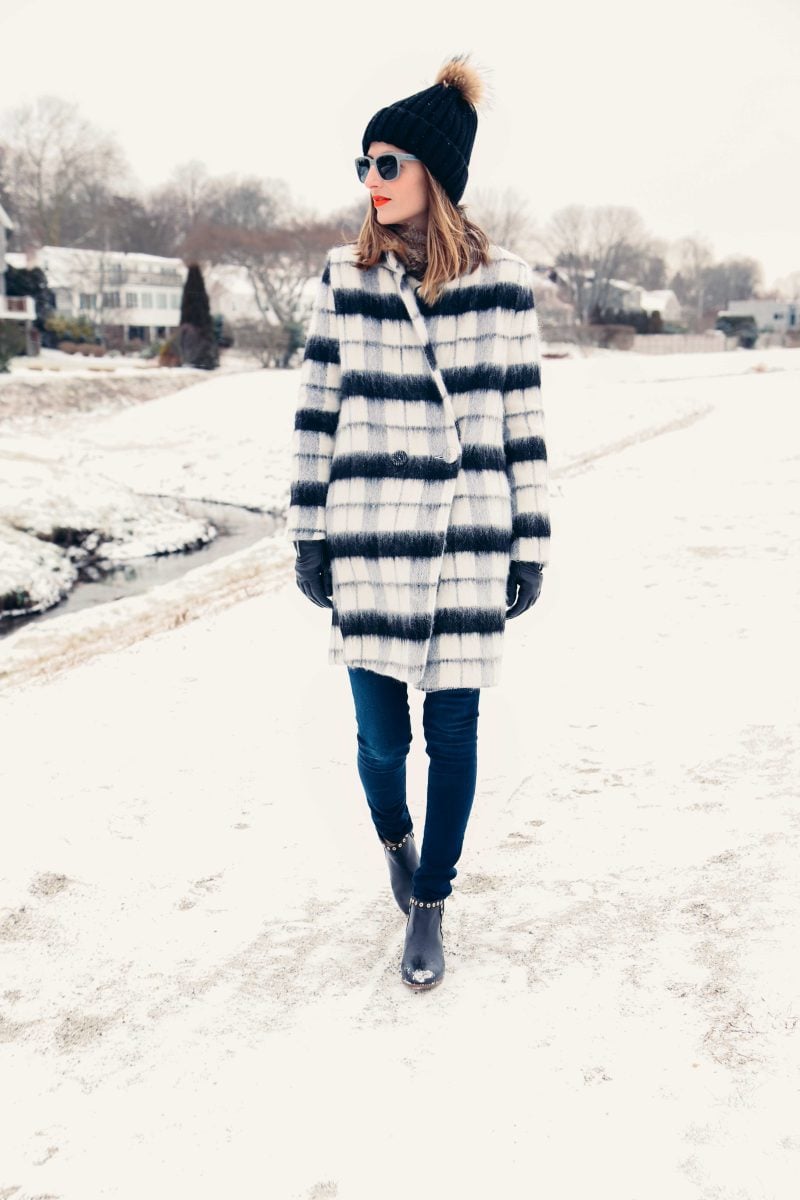 PLAID WOOL COAT AND FUR POM POM BEANIE