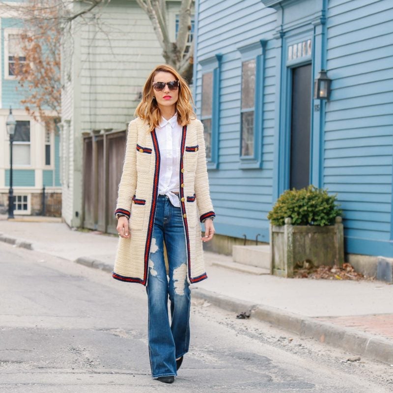 FLARED JEANS AND WHITE BUTTON DOWN BLOUSE