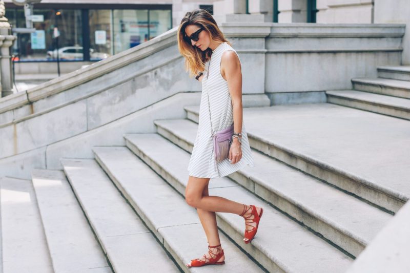 STRIPE SWING DRESS AND LACE UP SANDALS