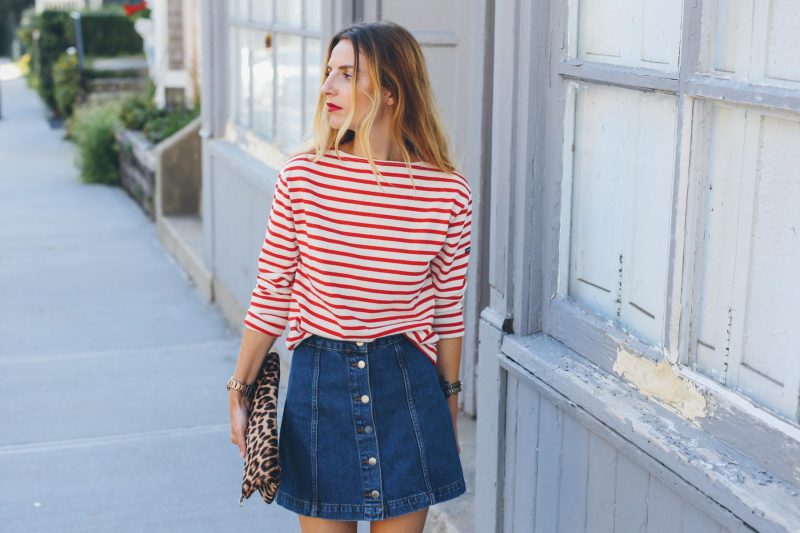 DENIM SKIRT AND STRIPE SHIRT