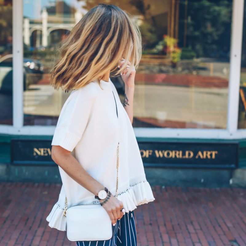 RUFFLE HEM SWEATER AND STRIPED TROUSERS