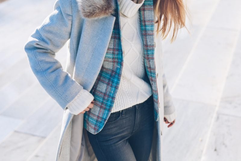 WINTER LAYERING IN A TARTAN PLAID JACKET AND LONG WOOL COAT