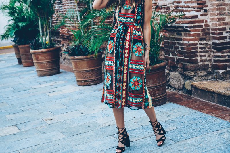 Embroidered Midi Dress and Lace Up Heels