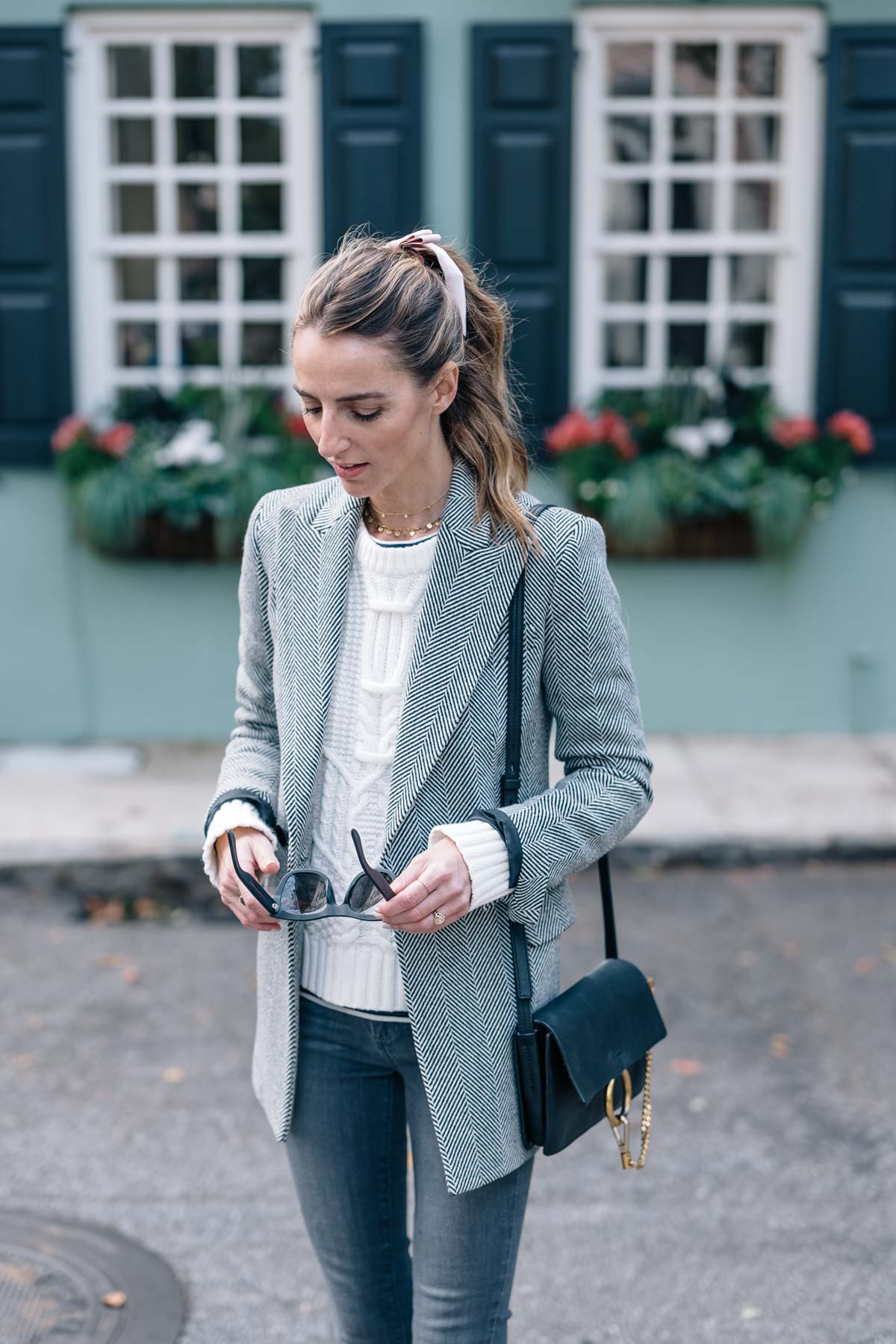 Reiss Menswear Inspired Blazer Jess Ann Kirby wears a Reiss Menswear Inspired Blazer, Chloe Faye Crossbody Bag, Velvet Bow and Skinny Jeans in Charleston South Carolina