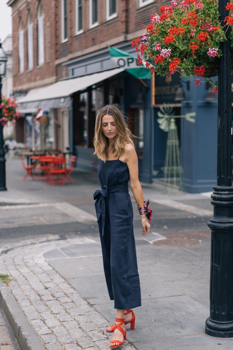 Linen Jumpsuit and Red Strappy Shoes